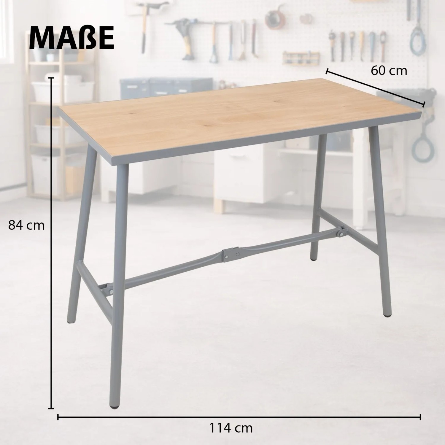 Klappbare TRUTZHOLM Werkbank aus Stahl mit grauen Beinen und heller Sperrholzplatte, 114x60x84 cm, 150 kg Tragkraft.