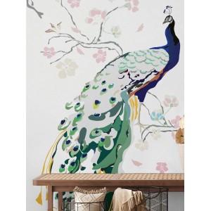 Bunte Vliestapete mit Pfau auf Ästen, romantische Fototapete für Schlafzimmer.