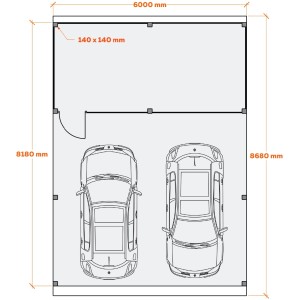 Grundriss Holzbrüder Doppelcarport Ralf mit Geräteraum, Maße 600x868cm, imprägniert.