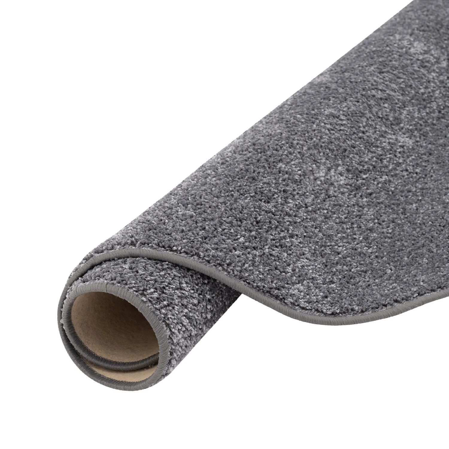 Gerollter, runder, grauer Hochflor Teppich Cottage von Snapstyle, 133cm Durchmesser.