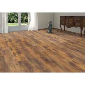 Verlegtes Living by Haro XL Laminat 8mm Eiche Altholz im Raum mit Fenster und Kommode.