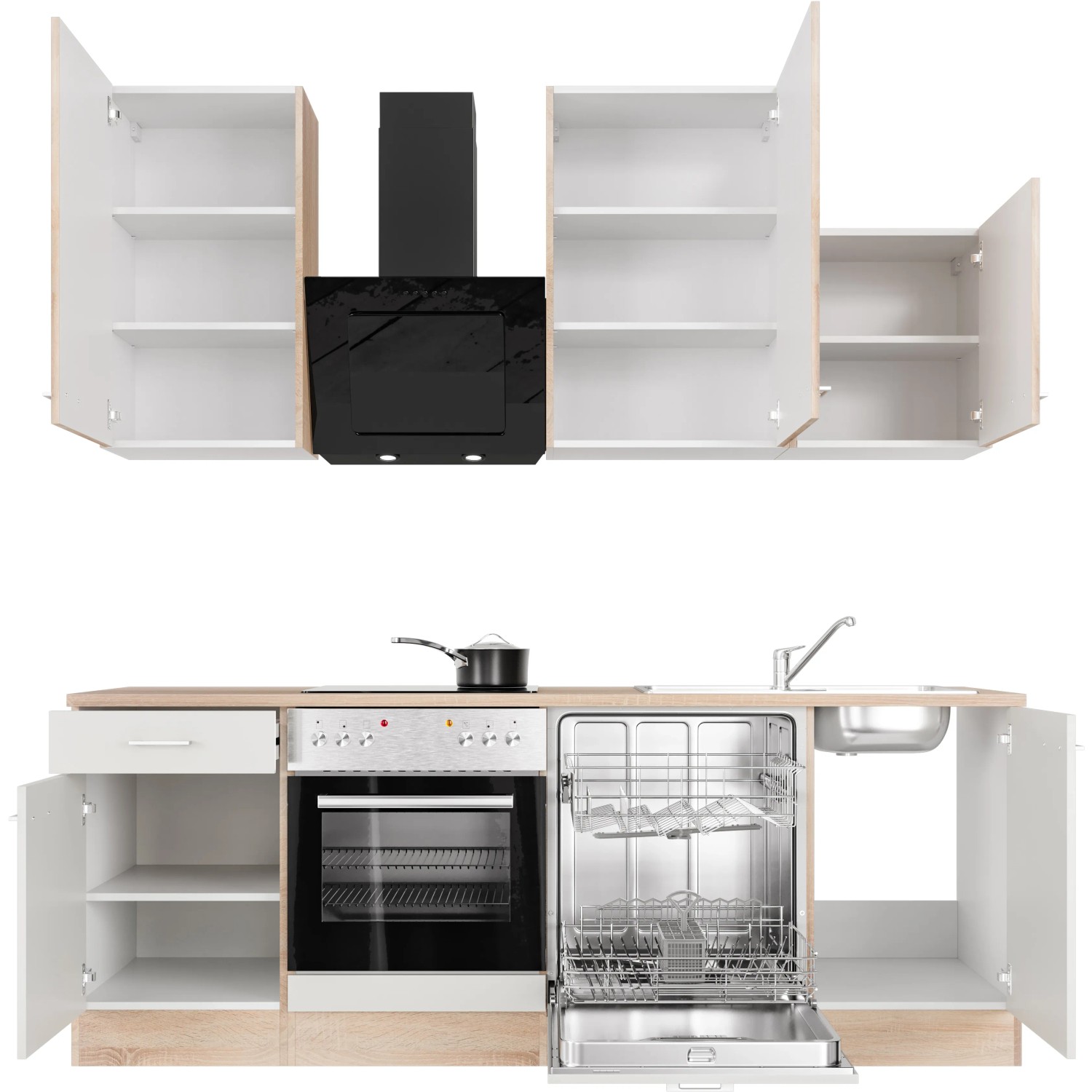 Flex-Well Küchenzeile Florida 220 cm in Weiß und Sonoma Eiche mit E-Geräten und Spüle.