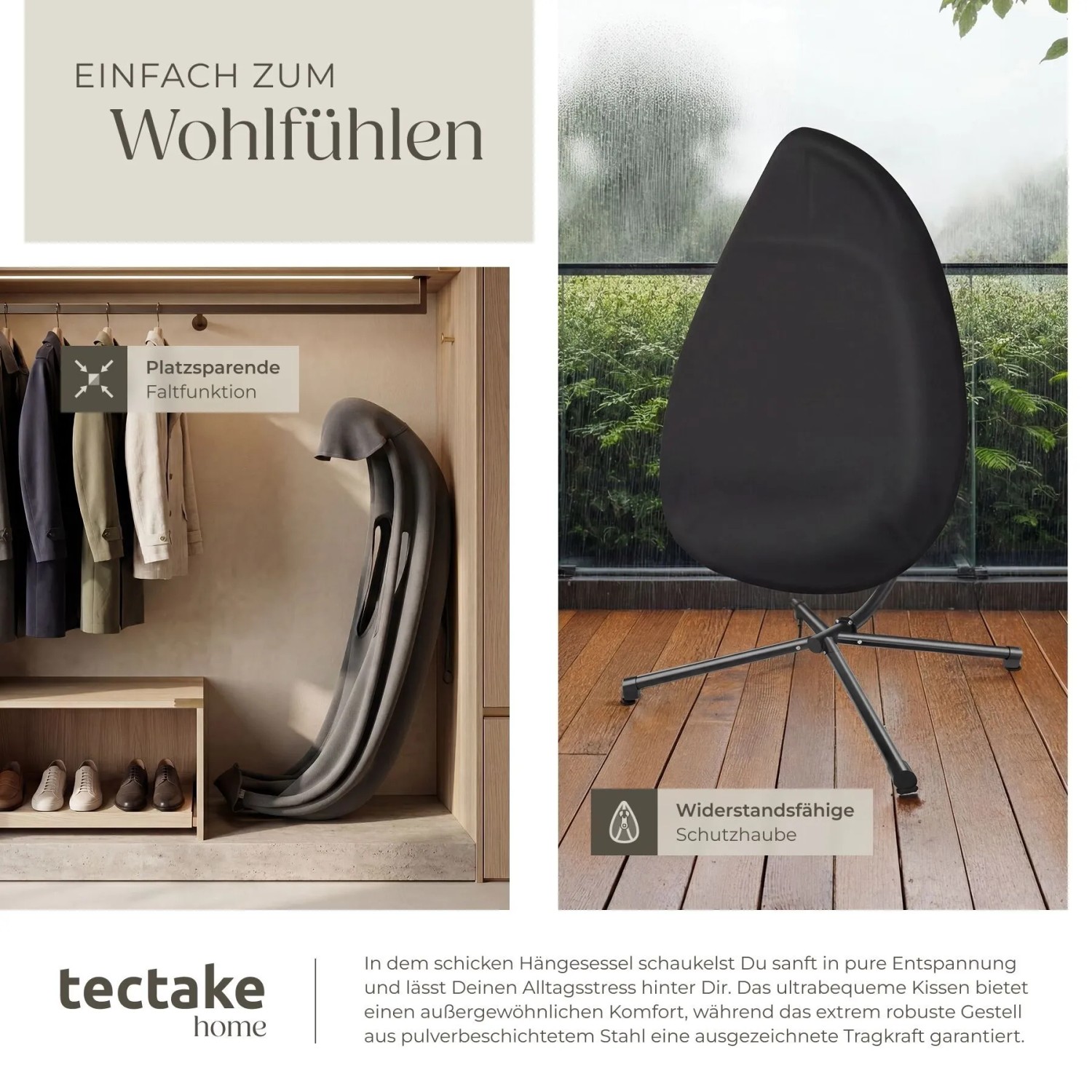 Tectake Hängeliege Mit Gestell Anika Mit Extra Dickem Sitzkissen 360° Drehbar Stabil Bodenschonend und Faltbar 97 x 100 x 201 cm Anthrazit_8