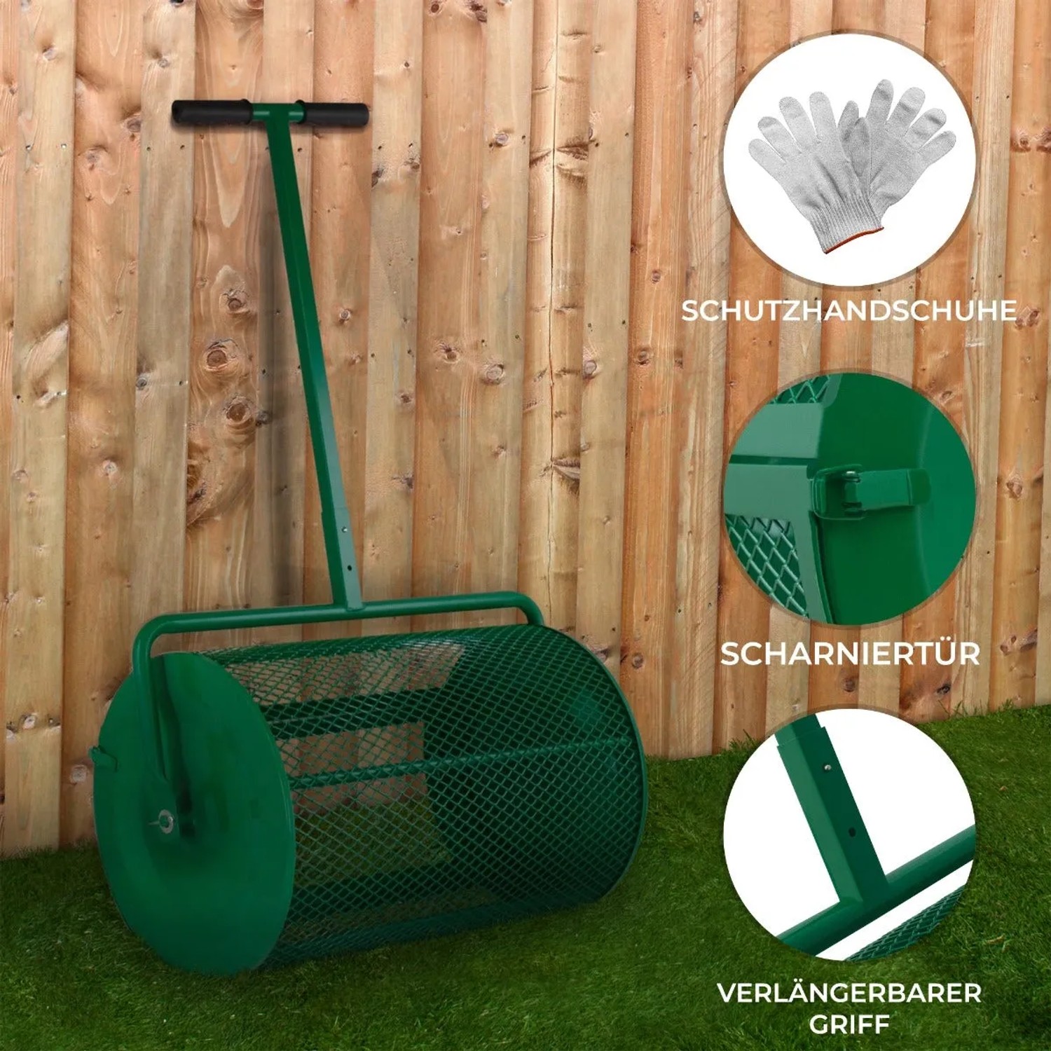 Grüner Monstershop Kompoststreuer mit 80L Fassungsvermögen und Gartenhandschuhen.