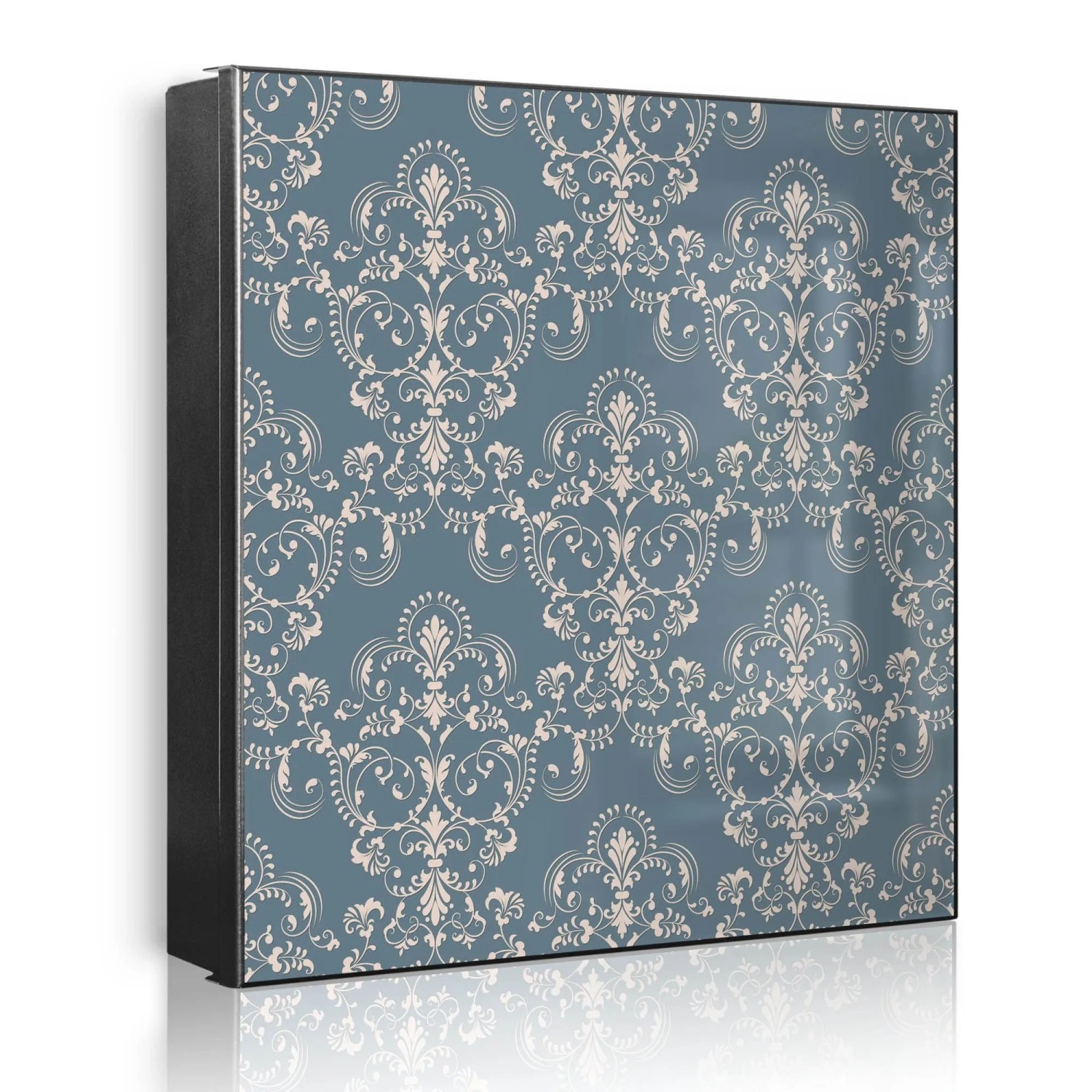 Banjado Großer Schlüsselkasten Metall 30x30cm Schwarz Scharnier Links 50 Haken Beschreibbar Magnetisch Motiv Royal Creme Blau