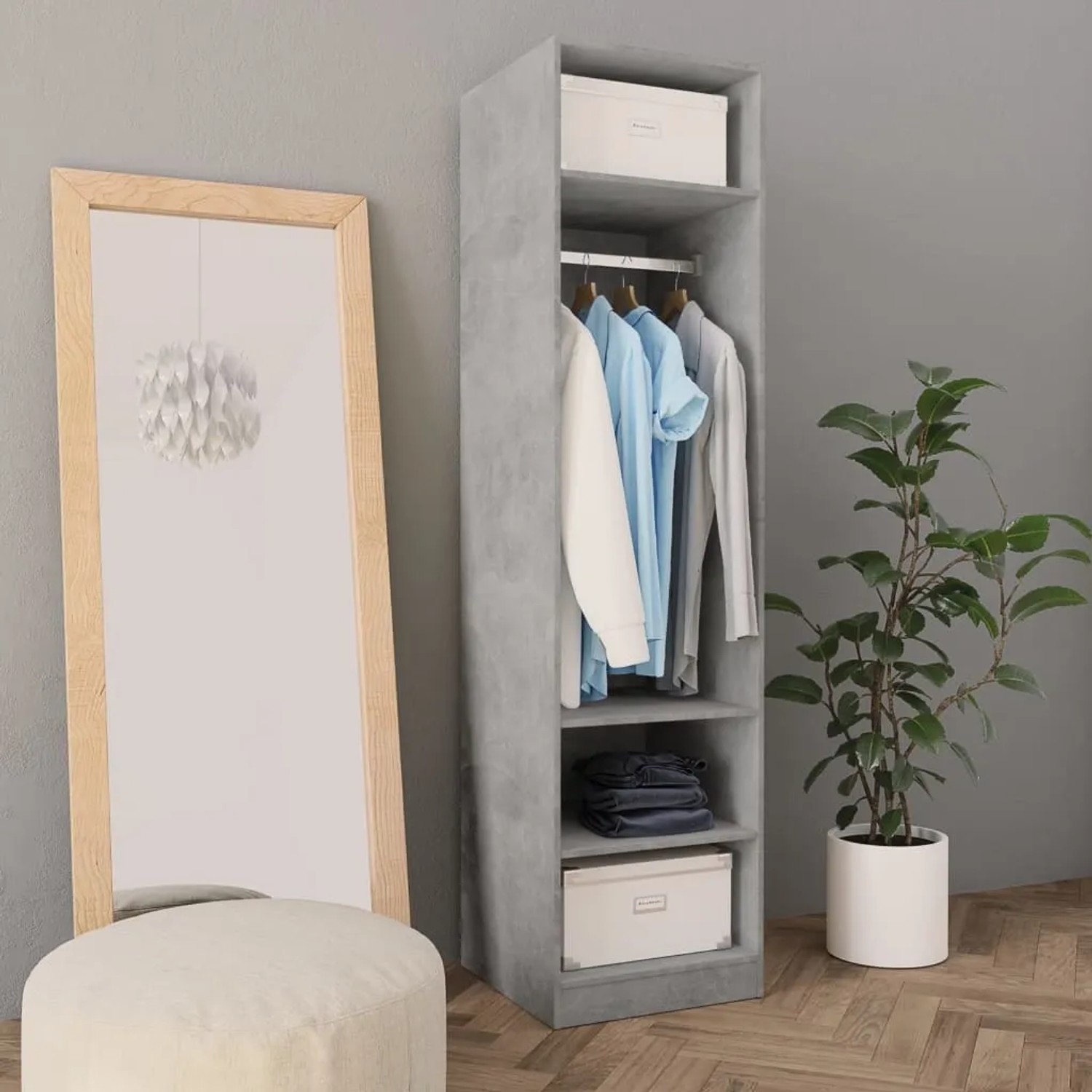 Betongrauer Kleiderschrank (50x50x200 cm) aus Holzwerkstoff mit Fächern und Kleiderstange.