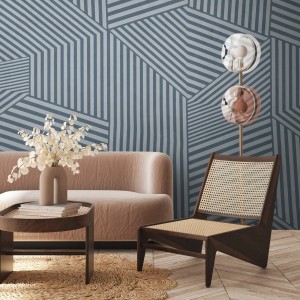 PROFHOME Fototapete mit Streifenmuster in Blau und Grau im modernen Wohnraum.