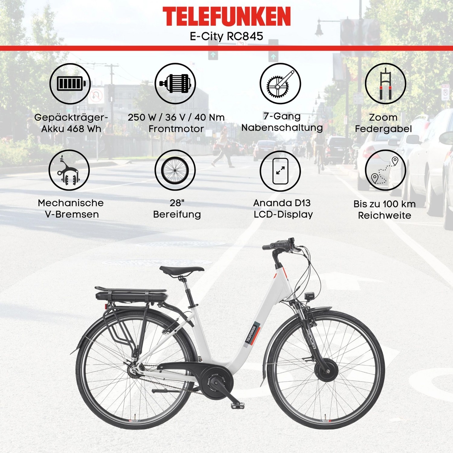 Weißes Telefunken City E-Bike mit 28 Zoll Reifen und 7-Gang Nabenschaltung.