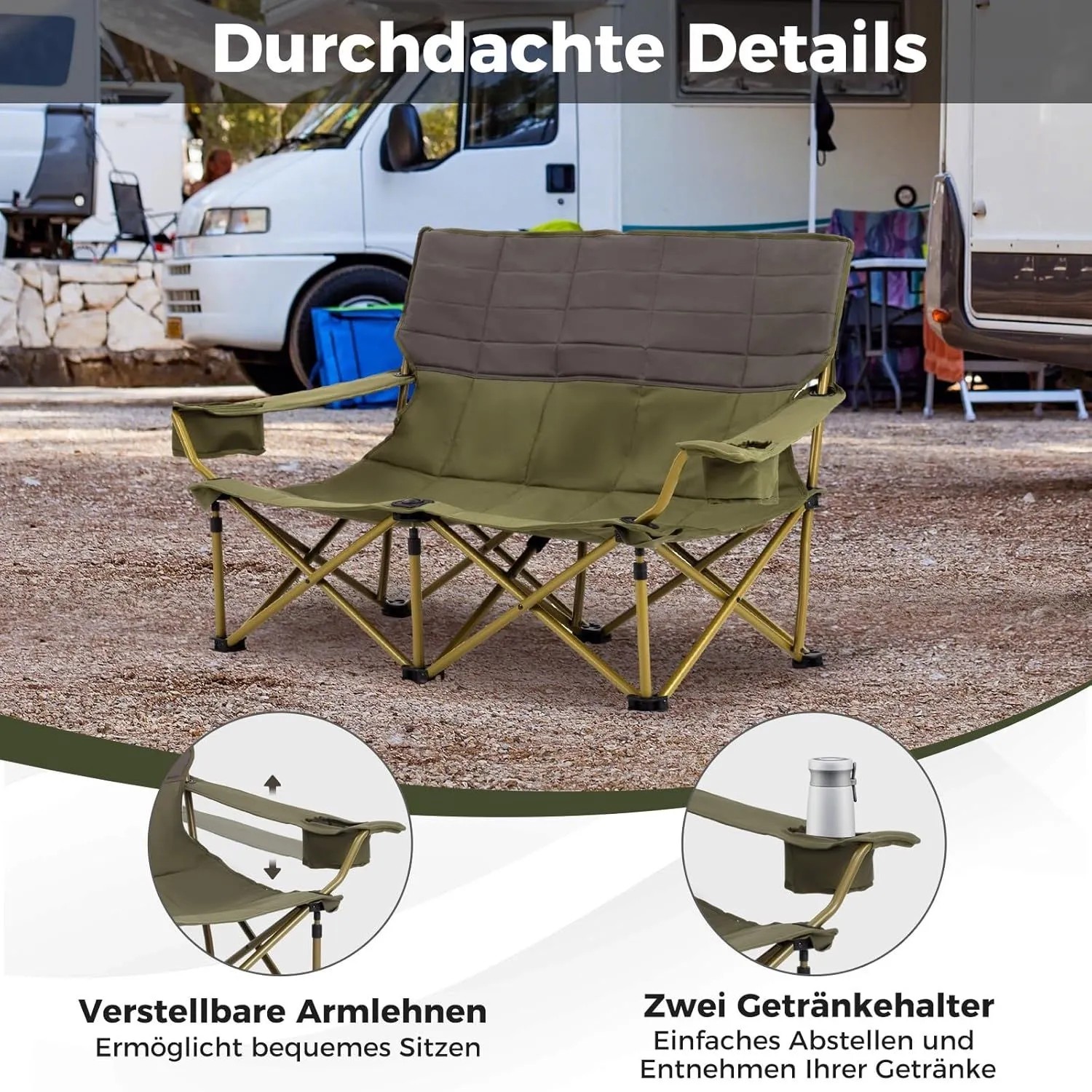 Grün-brauner, gepolsterter Doppel-Campingstuhl mit verstellbaren Armlehnen und zwei Getränkehaltern.