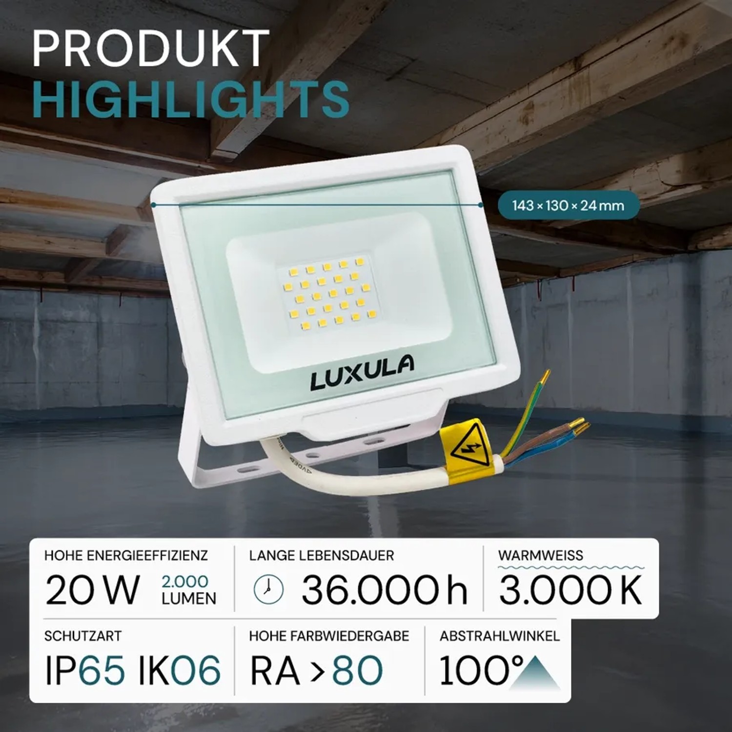 Weißer LUXULA LED-Außenstrahler, 20W, 2000lm, 3000K, IP65, Slim Design.