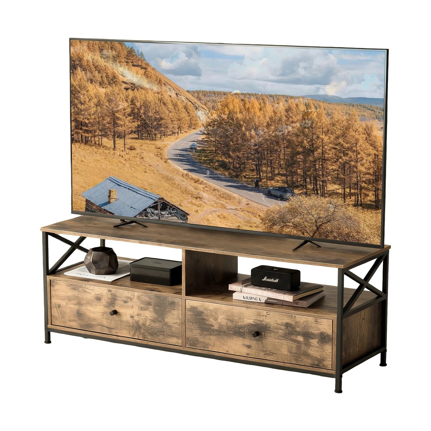 Relaxdays TV Lowboard MDF Stahl Vintagebraun Schubladen 120 cm x 40 cm x 50 cm
