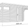 Illustration des Bertilo Holz-Gartenhauses Pentus 3 Lounge in Anthrazit, 559x234 cm, mit Maßen.