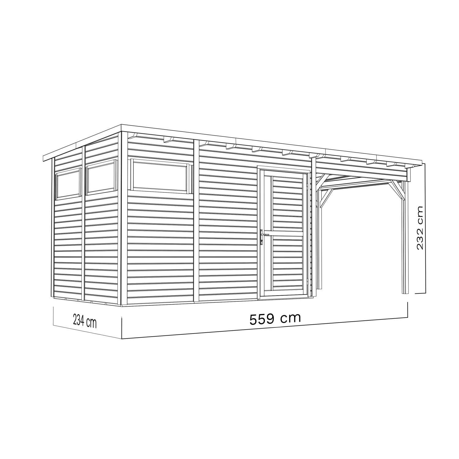 Illustration des Bertilo Holz-Gartenhauses Pentus 3 Lounge in Anthrazit, 559x234 cm, mit Maßen.