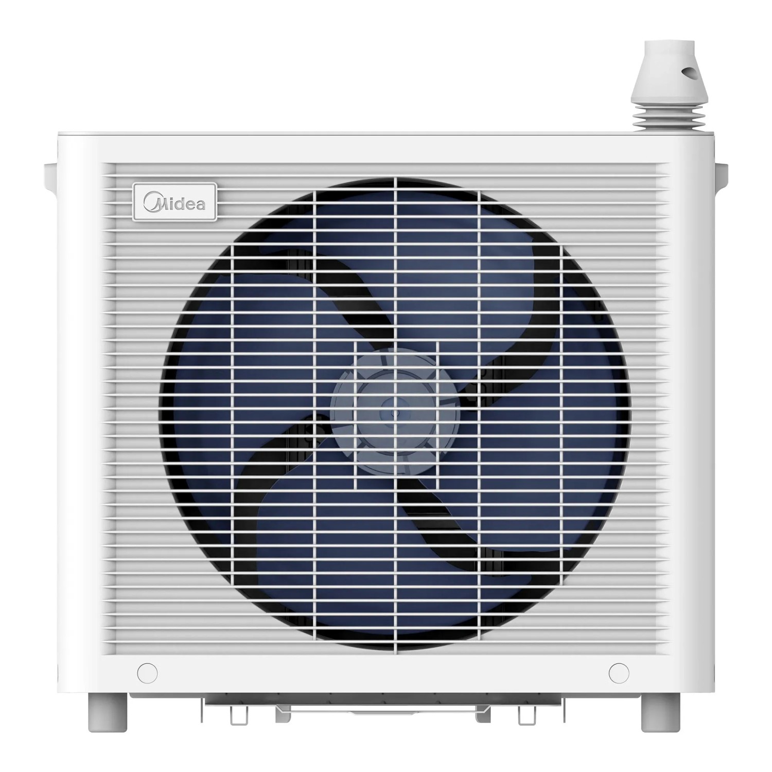 Midea Split-Klimaanlage PortaSplit Cool, mobil, weißgrau, Außeneinheit mit blauem Ventilatorgitter.
