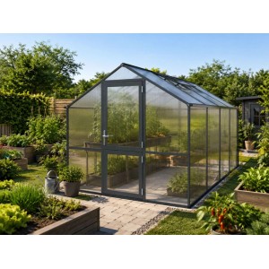KGT Gewächshaus Rose Anthrazitgrau, 10 m², im Garten. Rechteckig, mit Tür, Dachfenster und Pflanzen.
