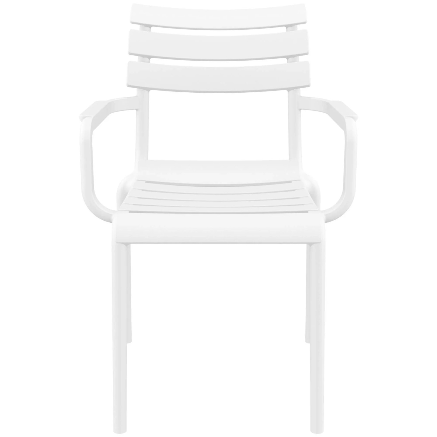 Weißer DELUKE Gartenstuhl LARS aus Kunststoff, stapelbar, mit Armlehnen und Lattenrost-Design. Ideal für Garten & Outdoor.