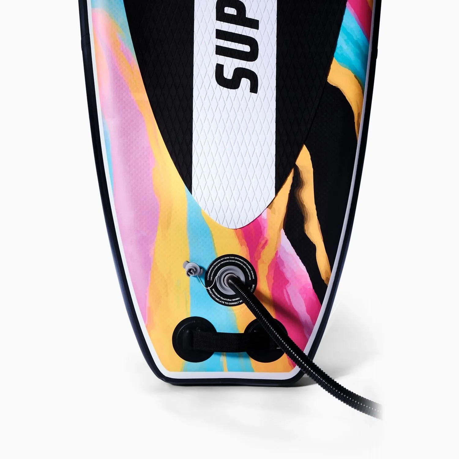 Aufblasbares Suprfit SUP Board Aquarell, Ventil mit Pumpenschlauch. Buntes Batik-Design für Wassersport.