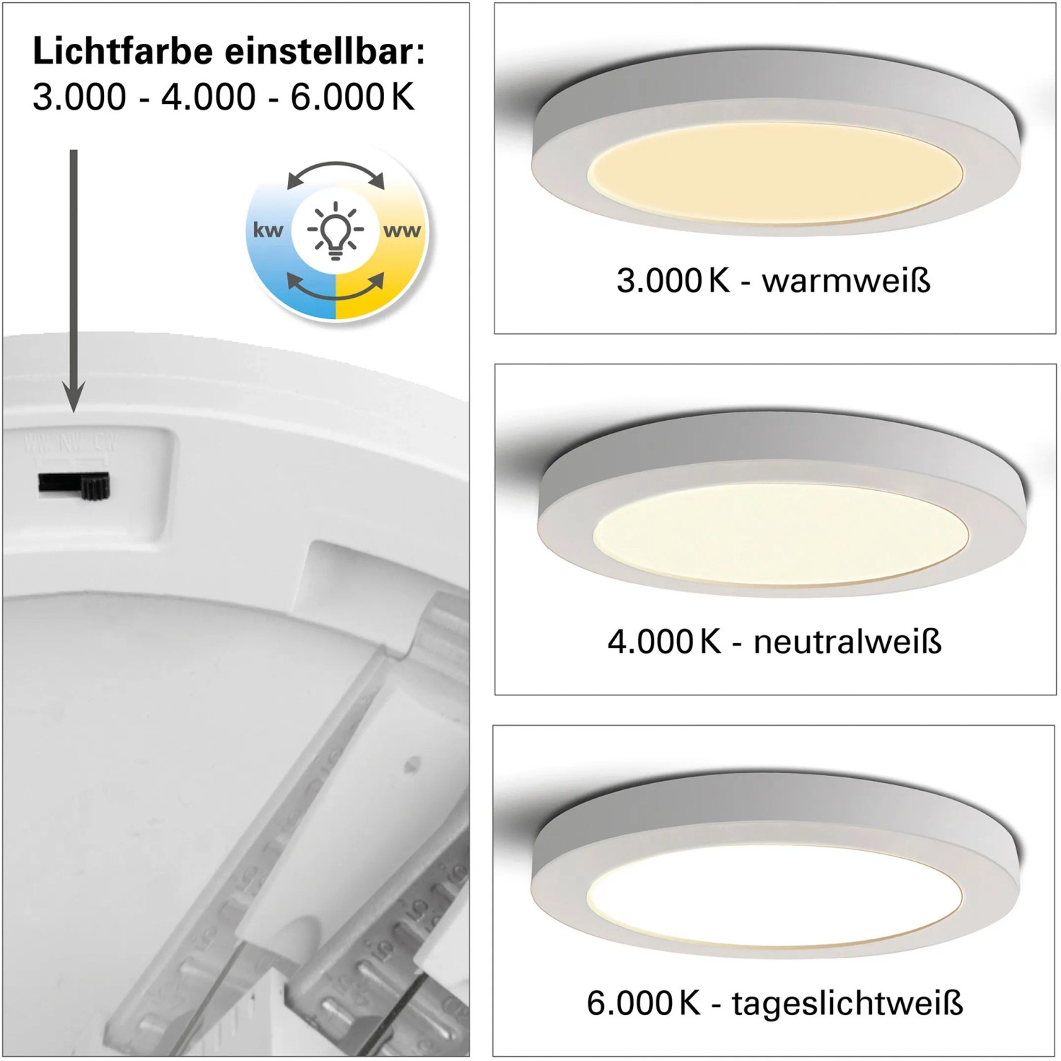 Näve LED-Deckenleuchte Bonus, 17 cm, mit einstellbarer Lichtfarbe (warmweiß, neutralweiß, kaltweiß).