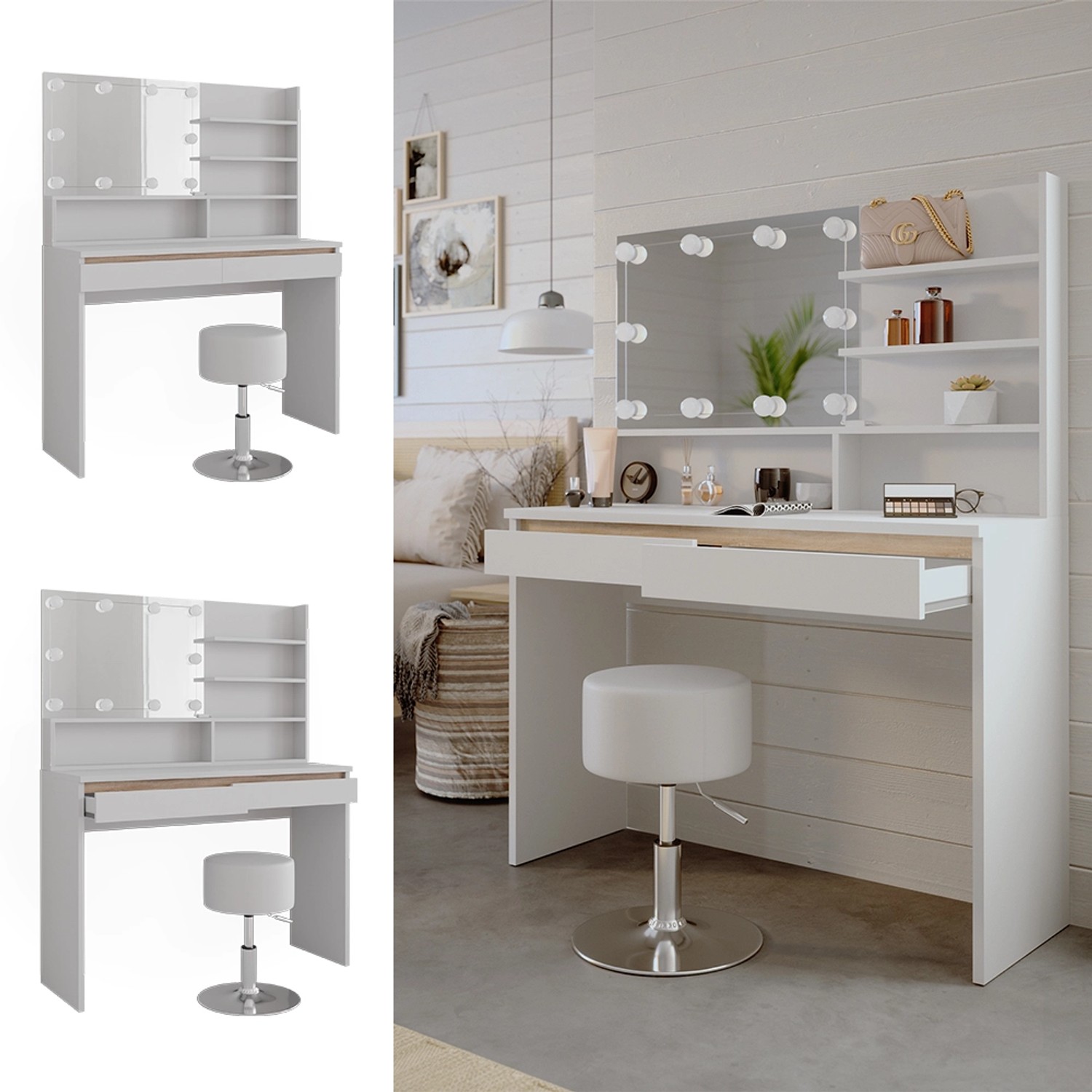 Vicco Schminktisch Emma Weiß 120 cm mit Spiegelregal Hocker & LED-Beleuchtu günstig online kaufen