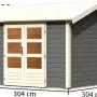 Karibu Holz-Gartenhaus Timra, terragrau, mit Satteldach und Maßangaben.