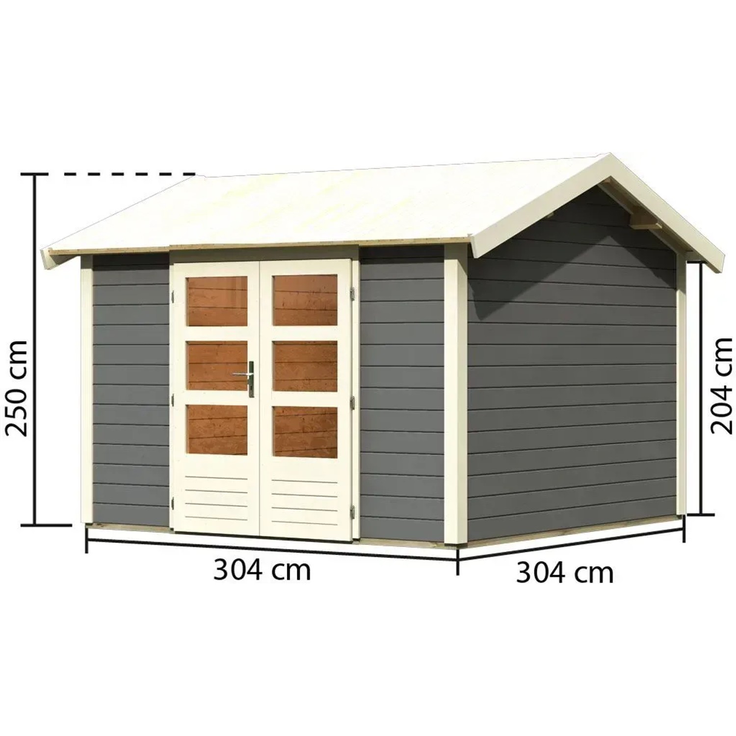 Karibu Holz-Gartenhaus Timra, terragrau, mit Satteldach und Maßangaben.