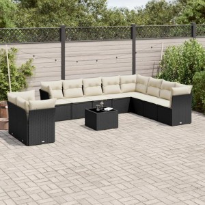 Schwarze 11-tlg. vidaXL Garten-Sofagarnitur mit cremefarbenen Kissen aus Polyrattan.