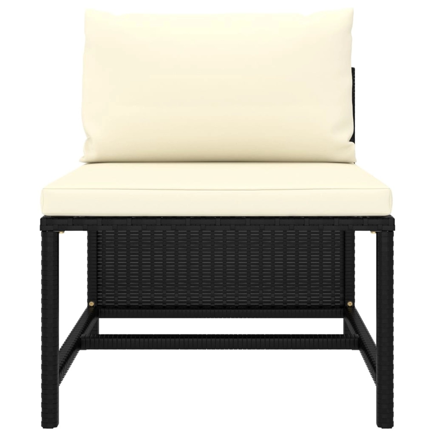 Schwarzes Poly Rattan Garten Lounge Set mit cremefarbenen Kissen.