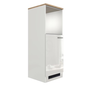 Flex-Well Exclusiv Demi-Geräteschrank Lund, lichtgrau glänzend, mit Nischen für Kühlgerät und Backofen.