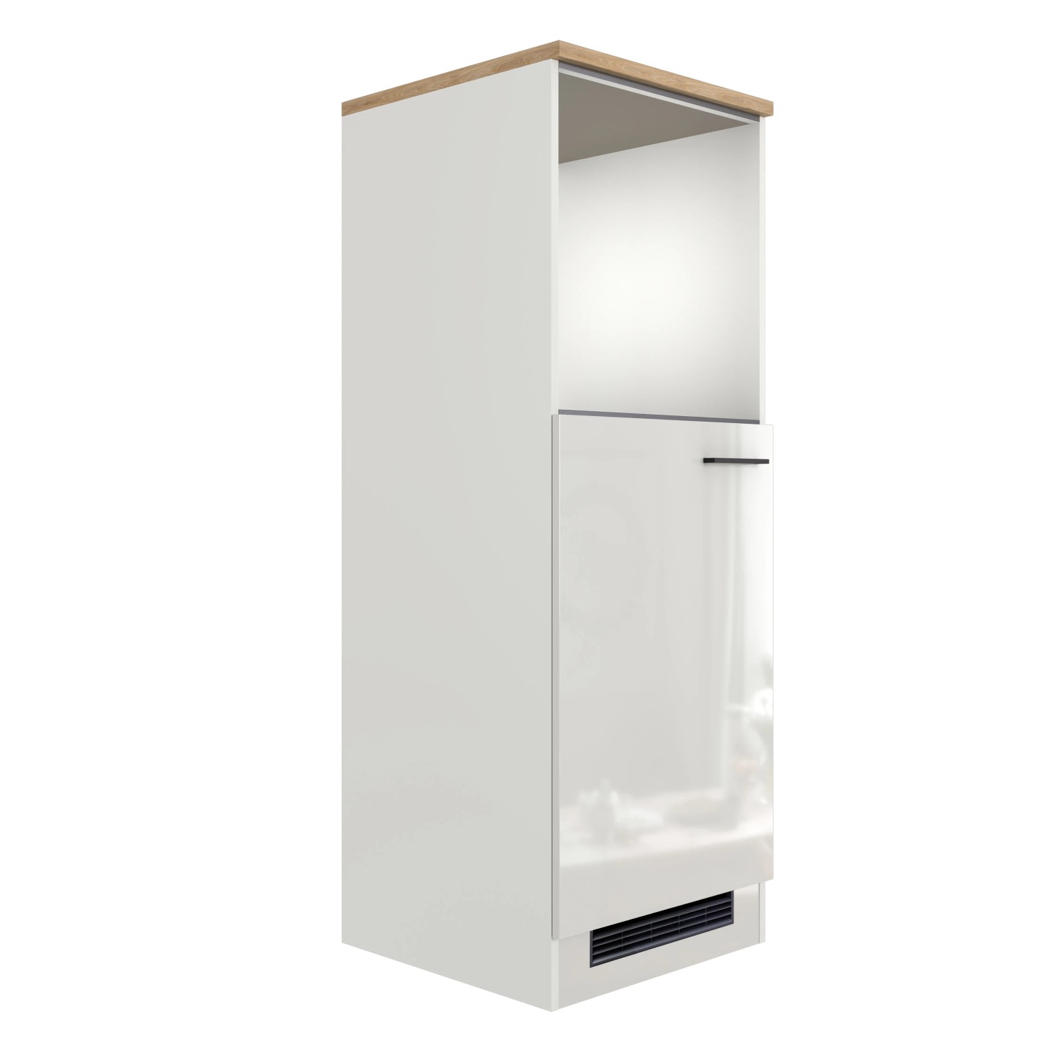 Flex-Well Exclusiv Demi-Geräteschrank Lund, lichtgrau glänzend, mit Nischen für Kühlgerät und Backofen.