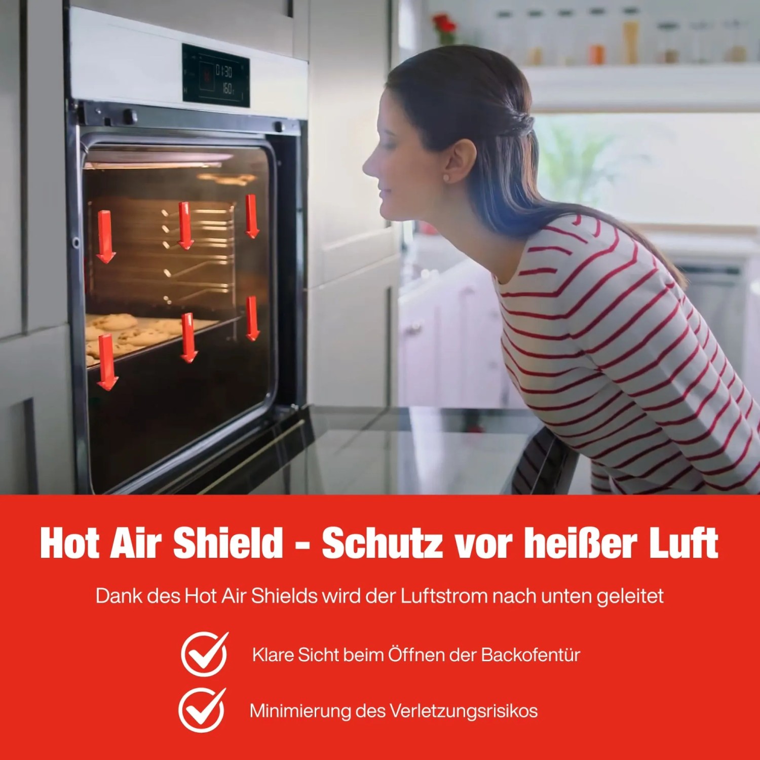 Frau schaut in Telefunken Einbaubackofen mit Hot Air Shield Funktion. Elektrogerät in Schwarz.