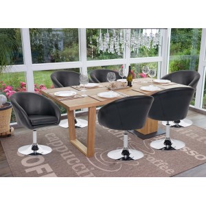 6er-Set: Schwarze MCW Esszimmerstühle F19 aus Kunstleder mit Chromfuß um einen Esstisch.