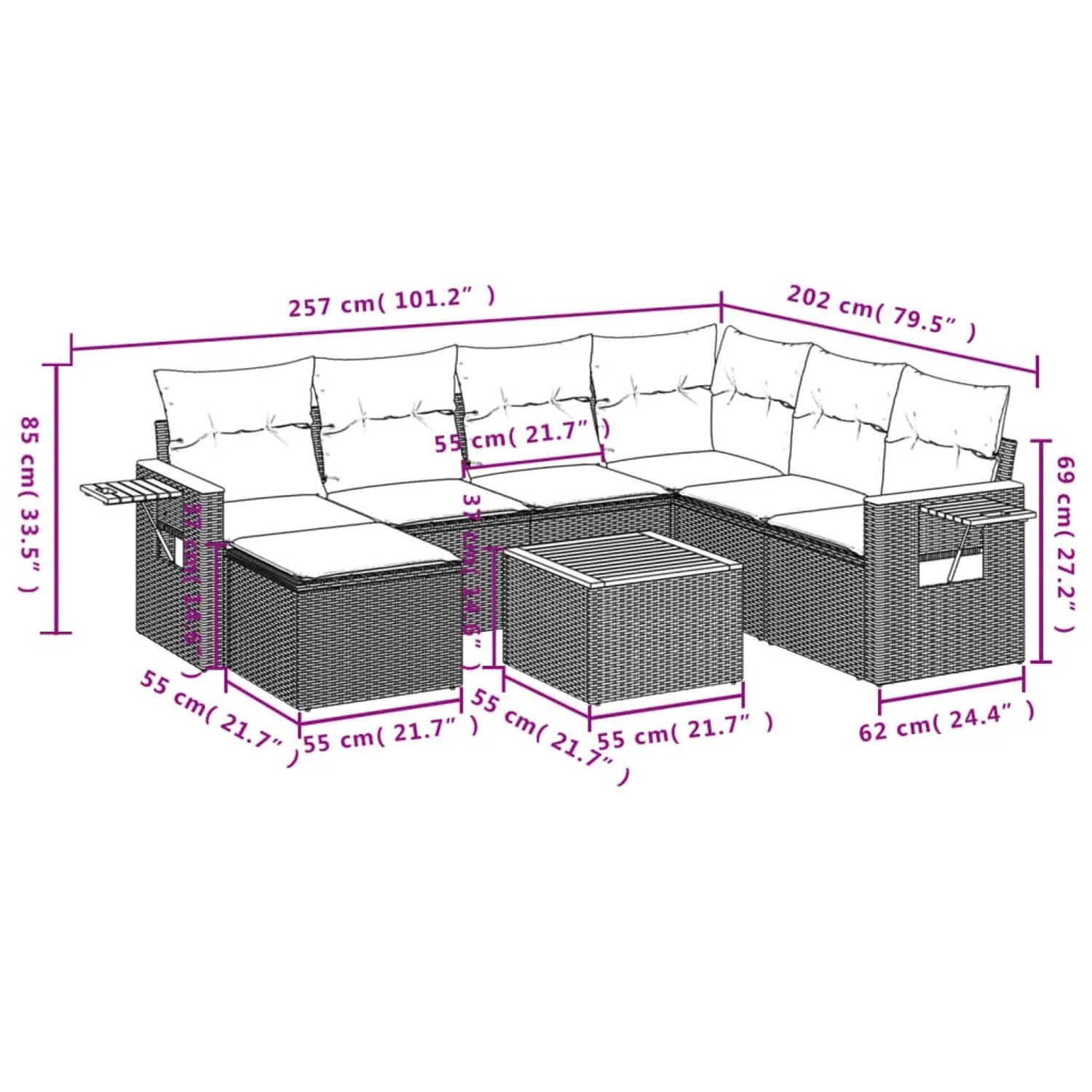 Graue 8-tlg. vidaXL Garten-Sofagarnitur aus Polyrattan mit Kissen und Tisch, Maße eingezeichnet.