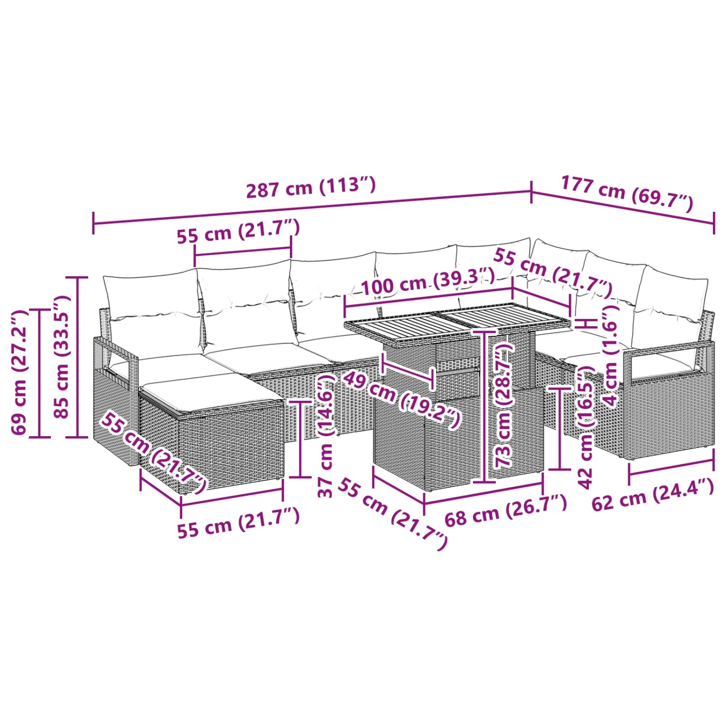 vidaXL 9-teiliges Garten-Sofa Set aus schwarzem Poly Rattan mit Kissen und Maßangaben.