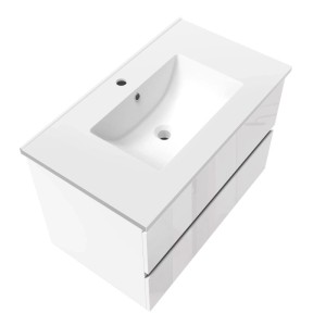 Weißer Hochglanz Waschtisch 80cm mit Keramik Waschbecken und grifflosen Unterschrank mit zwei Schubladen.
