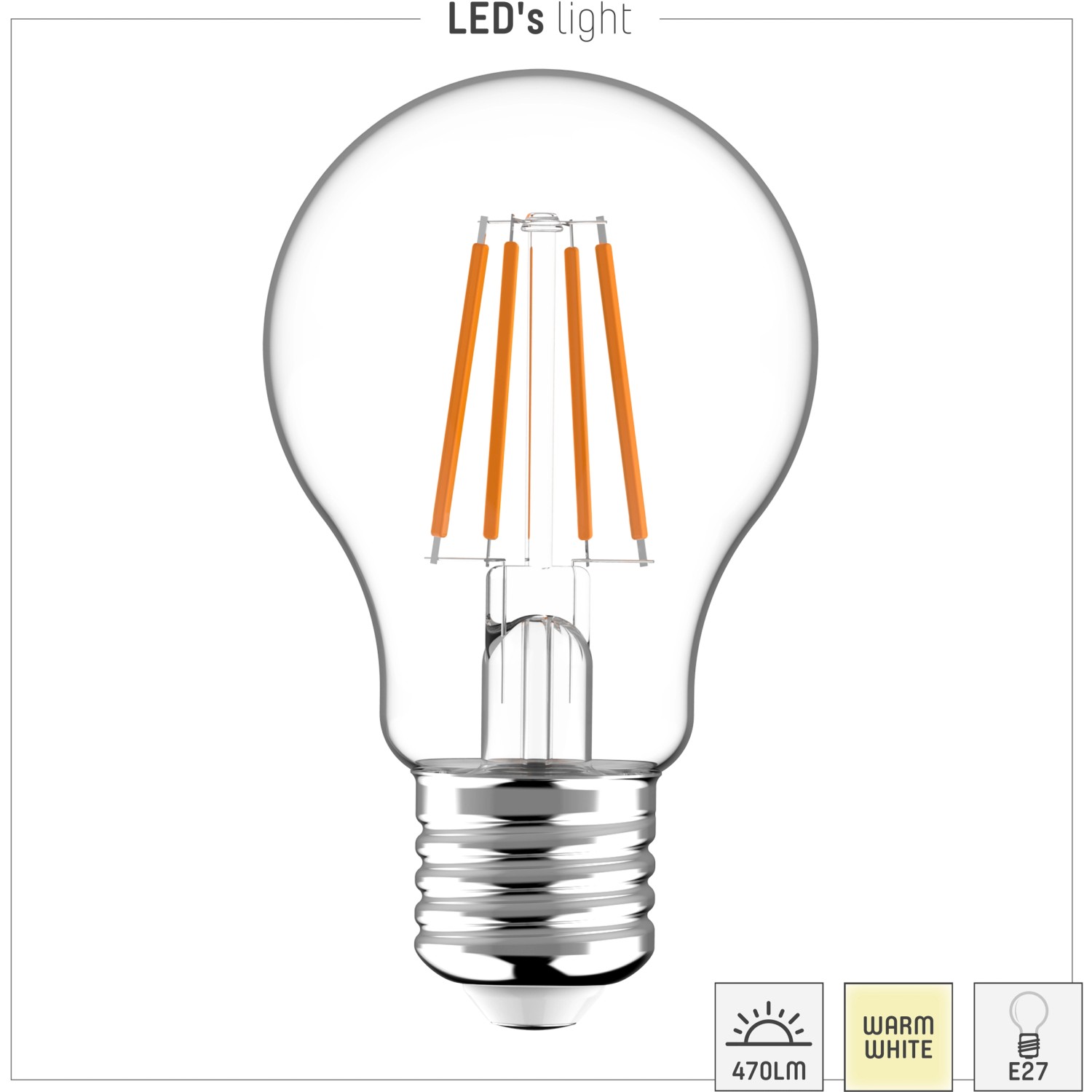 E27 LED-Filament Leuchtmittel, klassische A60 Form, 4,5W, warmweißes Licht.