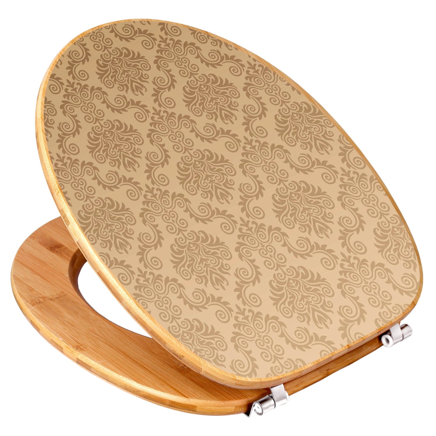 Banjado WC-Sitz aus Bambus mit Tapeten-Motiv in Beige. Holz-Klositz mit Universal Scharnieren.