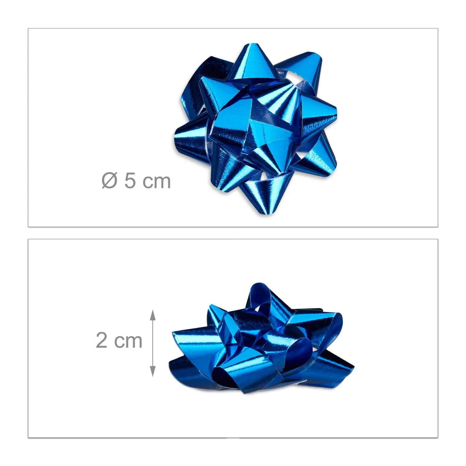 Glänzende blaue Geschenkschleife aus Polypropylen, selbstklebend, 5 cm Durchmesser, 2 cm hoch. Ideal für Geschenke.