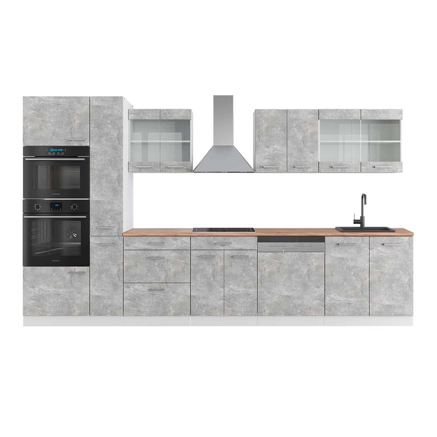 Vicco R-Line Küchenzeile Beton/Weiß 350 cm mit HochschrankAP Eiche günstig online kaufen