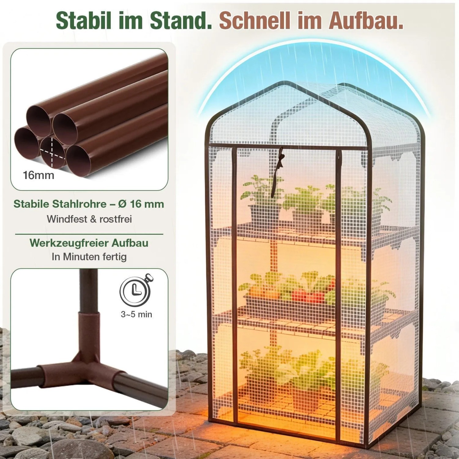 Sekey Tomatengewächshaus mit 3 Etagen, robustem 16mm Stahlrahmen und transparenter PE-Folie für Garten & Balkon.