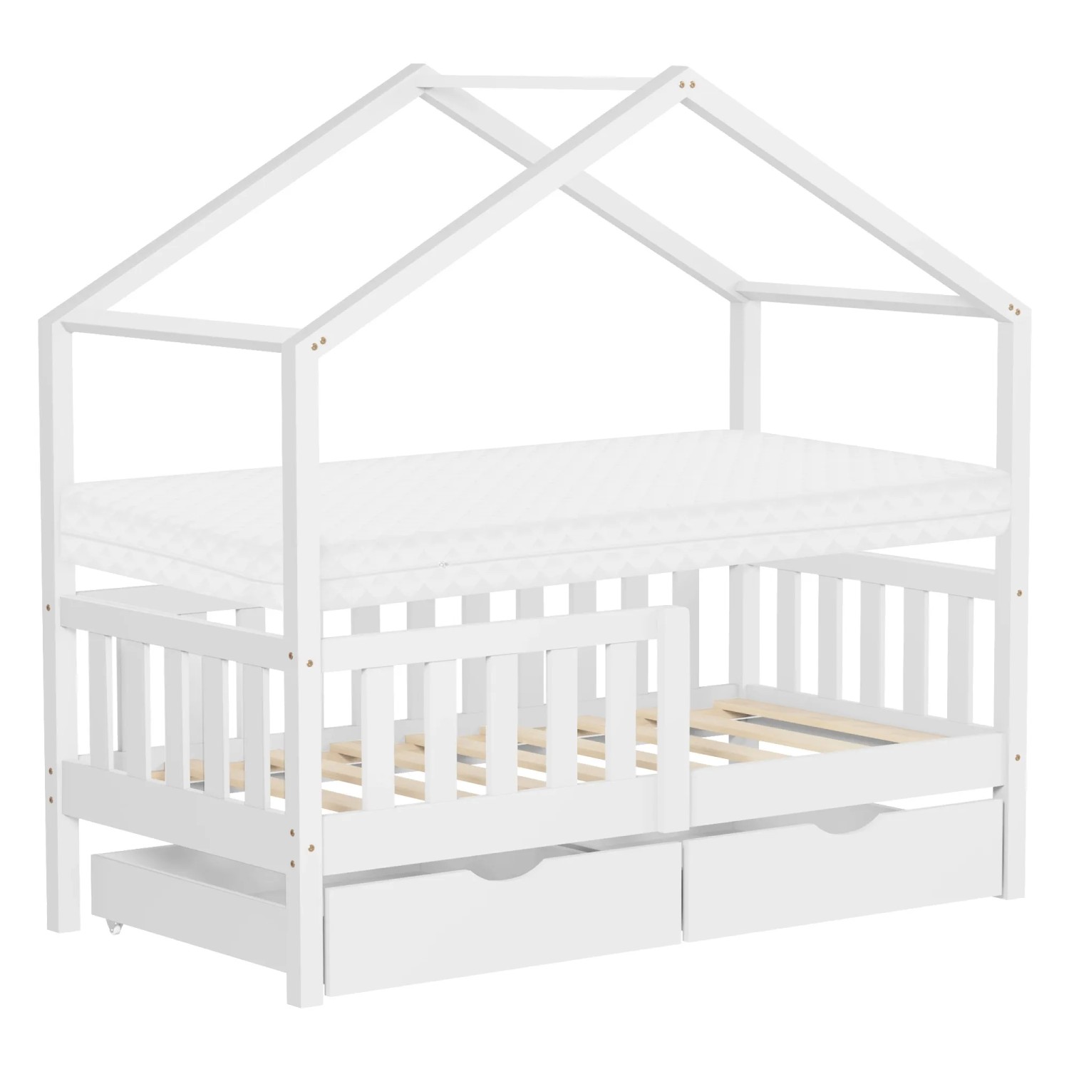 ML-Design Hausbett mit Matratze 70x140 cm und 2 Schubladen Weiß Kiefer