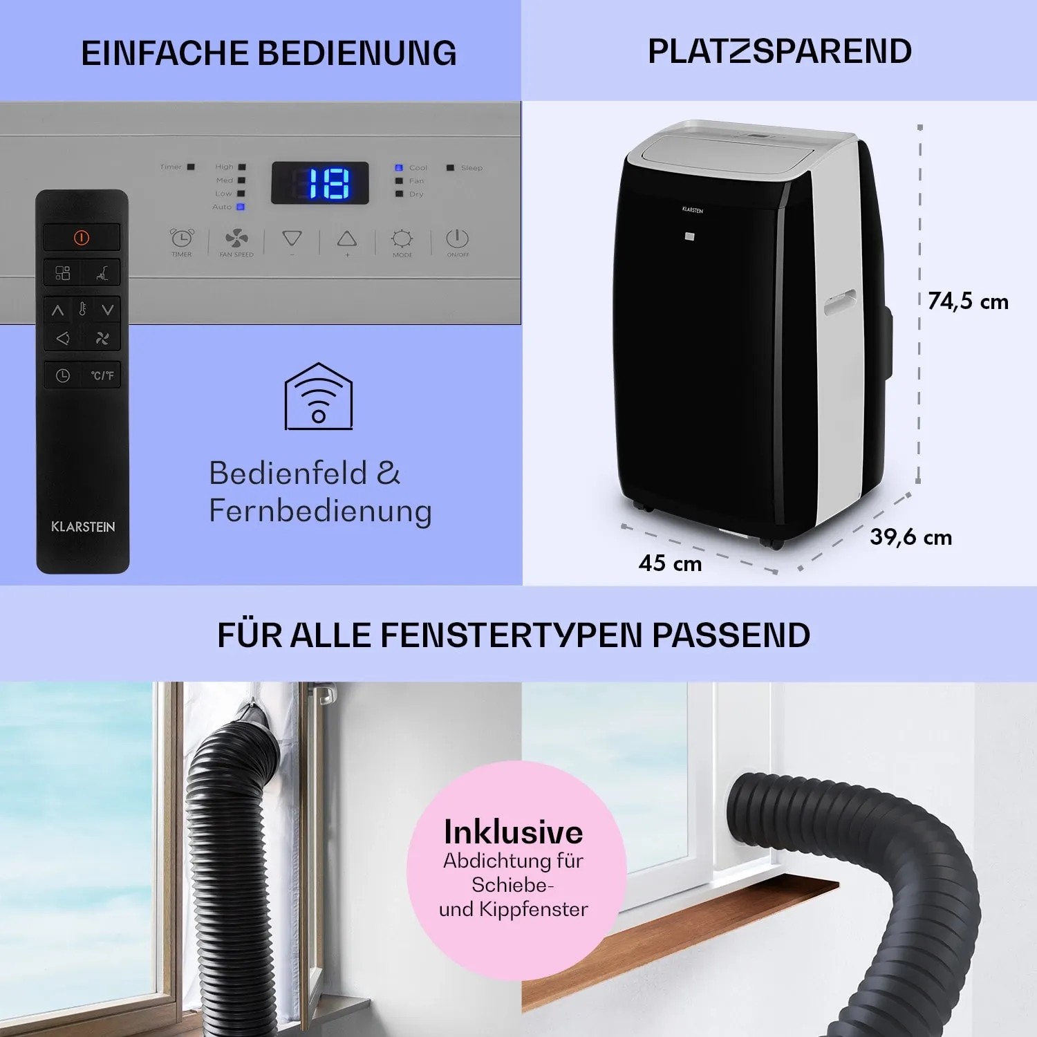 Klarstein Grandbreeze Eco 12K Klimaanlage, 3-in-1 Gerät in Schwarz mit Fernbedienung und Fensterabdichtung.