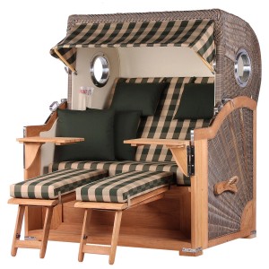 Komplettset: Strandkorb Königssee Teak, grau, mit Bullauge, Fußstützen, Tischen und Schutzhülle.