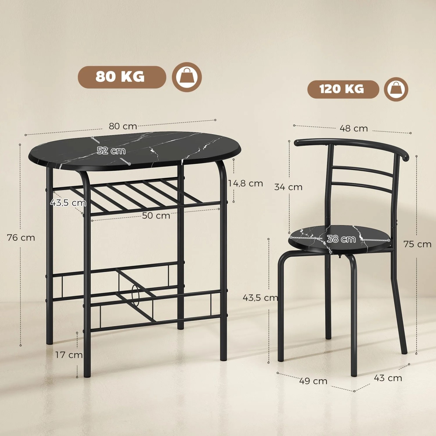 HOMCOM Essgruppen-Set: Schwarzer ovaler Tisch mit Marmor-Optik, Ablagefach und einem passenden Stuhl. MDF/Metall.