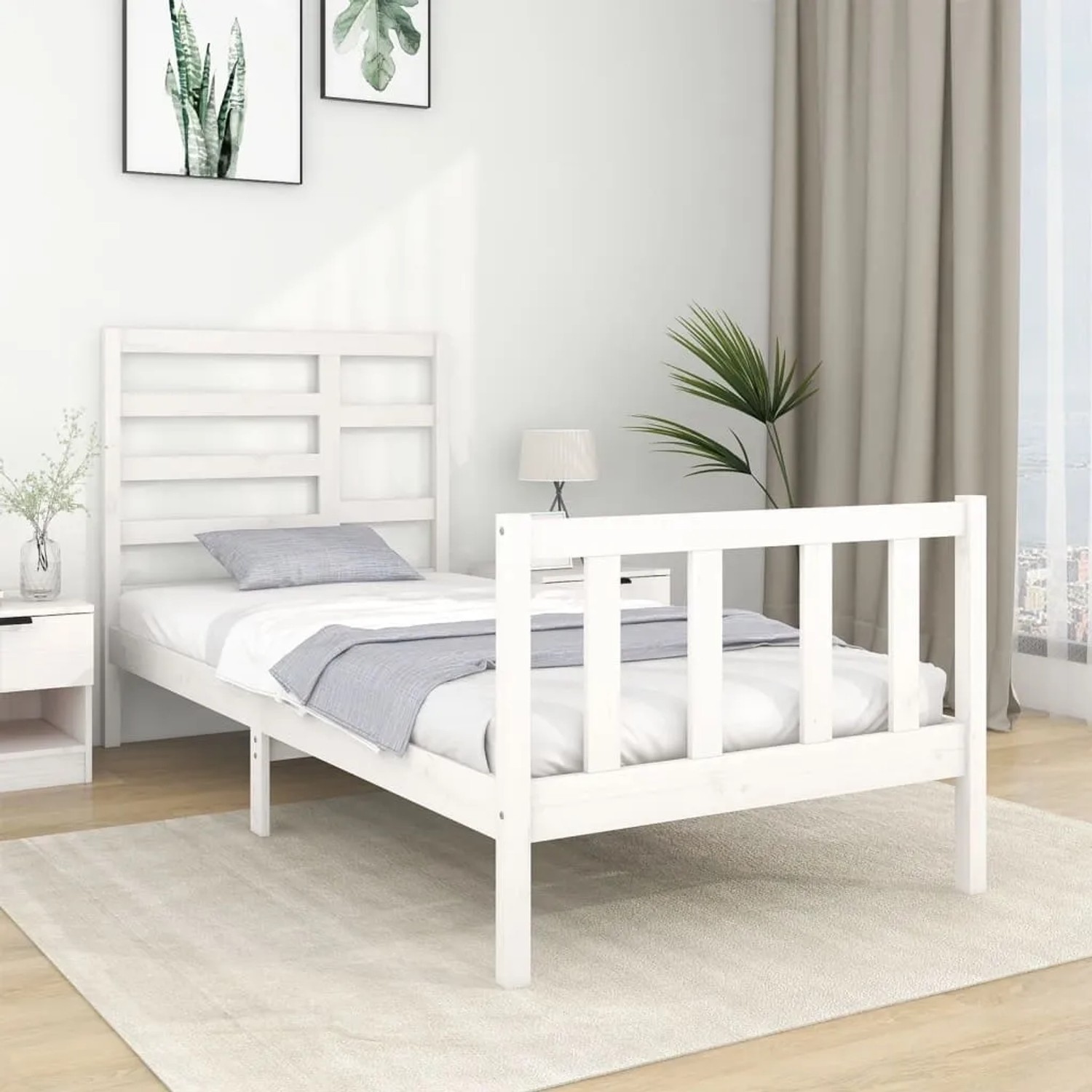 Weißes Massivholzbett 90x190 cm, Kiefernholz, mit Lattenrost. Einzelbett für Jugendzimmer oder Gästezimmer.