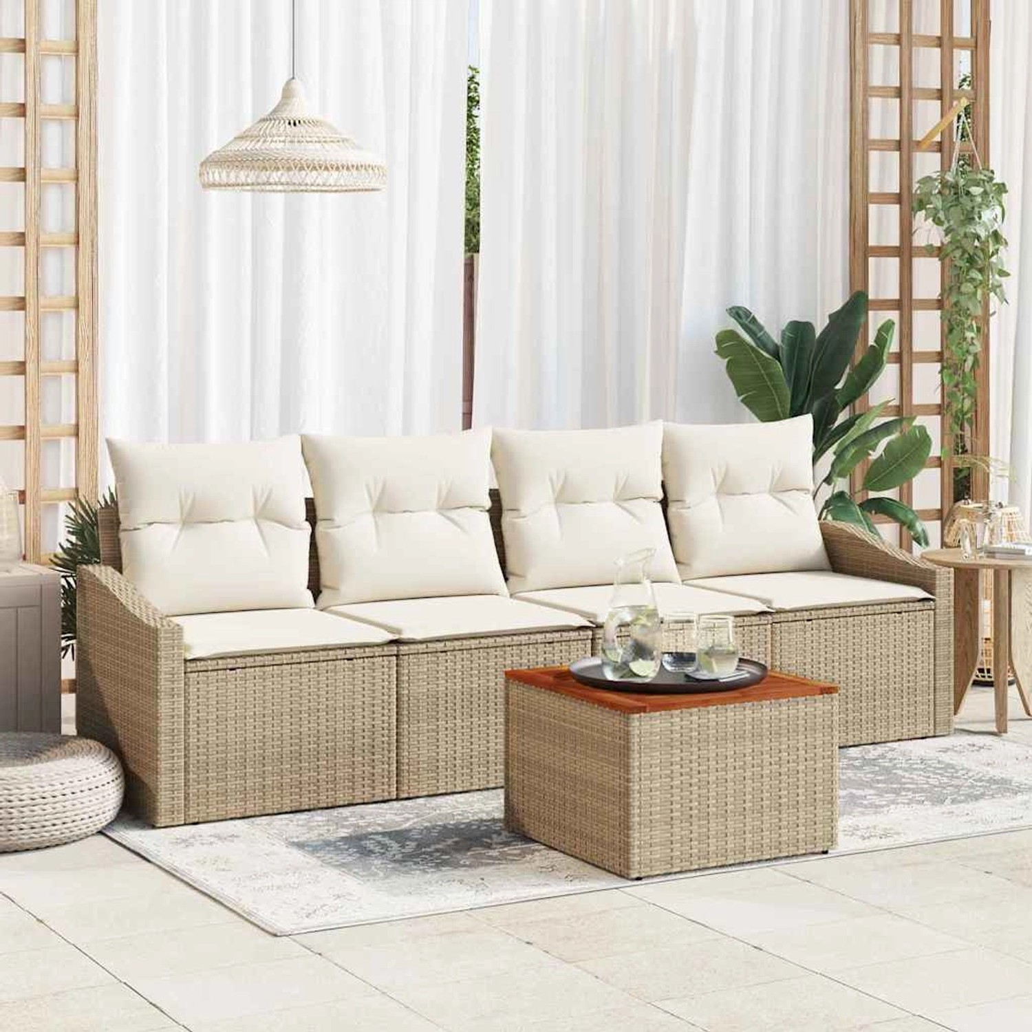 vidaXL Garten-Sofa-Set mit Kissen 5-Tlg Beige Poly Rattan 3347764 günstig online kaufen