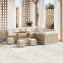 Beiges 14-tlg. vidaXL Garten-Sofa-Set aus Poly Rattan mit Tisch und Hockern für Terrasse oder Garten.