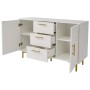 Weiße moderne Kommode mit 3 offenen Schubladen, 2 Türen, goldenen Griffen und Metallfüßen. Geriffelte Front.