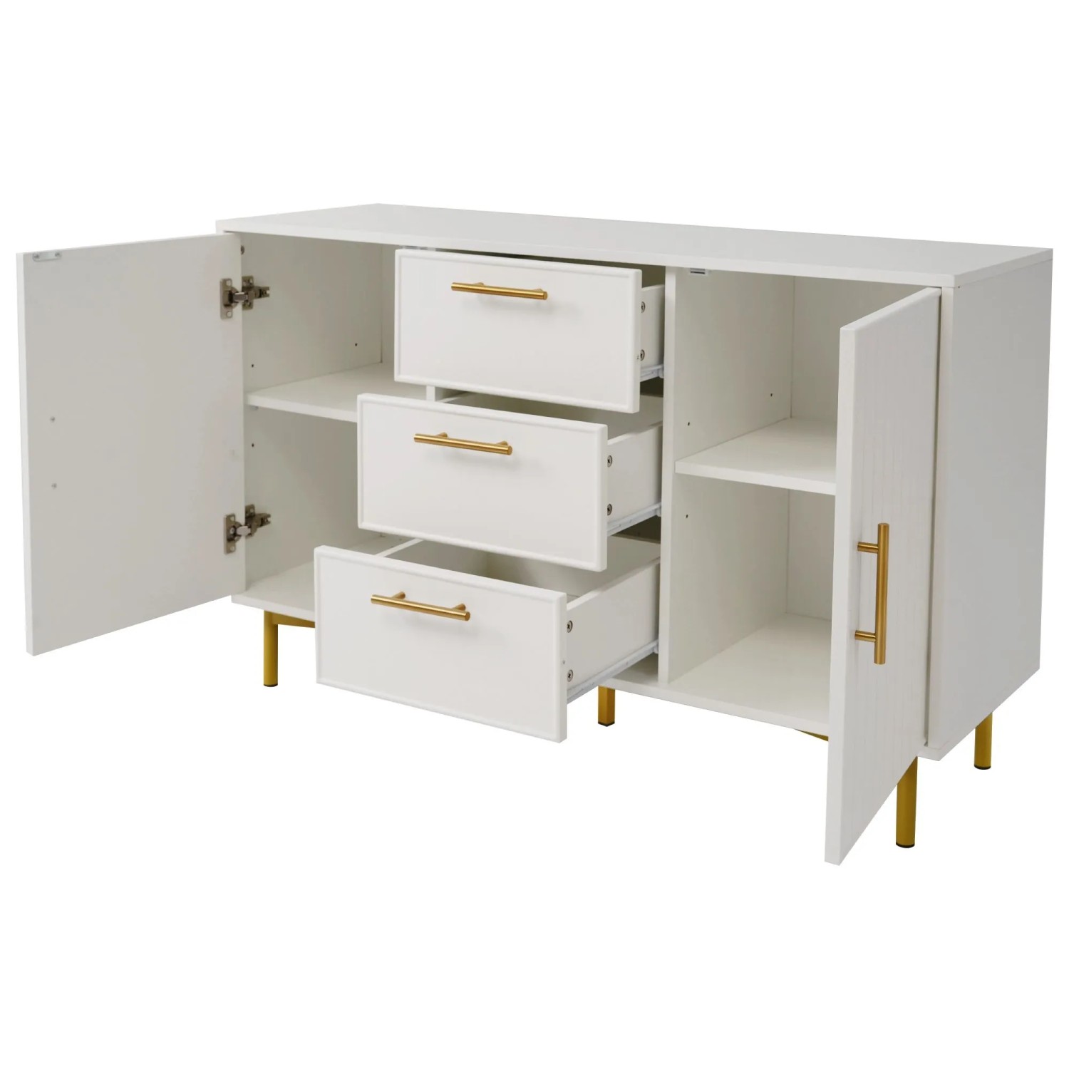 Weiße moderne Kommode mit 3 offenen Schubladen, 2 Türen, goldenen Griffen und Metallfüßen. Geriffelte Front.
