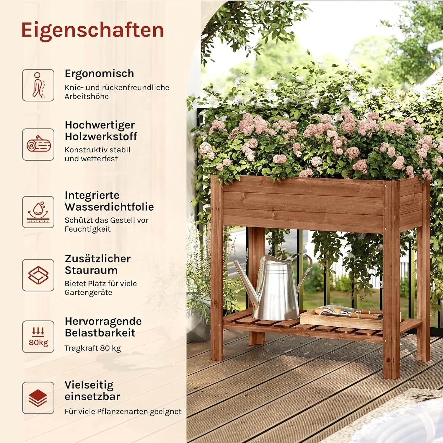Braunes WOLTU Hochbeet aus Holz, 80x75x40 cm, mit Blumenkasten voller pinker Blumen und Ablage für Gartengeräte.