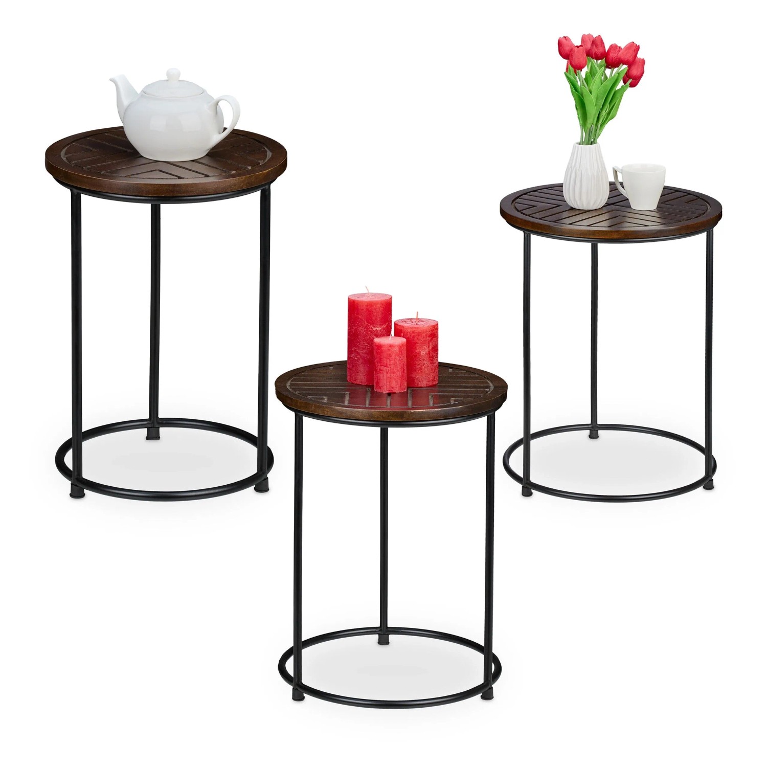 Relaxdays Satztisch 3er Set Mangoholz Eisen Braun Schwarz Platzsparend 53 cm x 41 cm